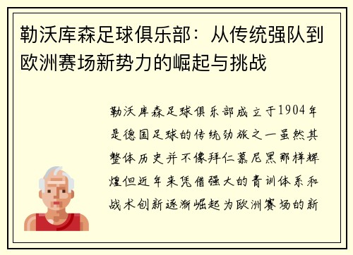 勒沃库森足球俱乐部：从传统强队到欧洲赛场新势力的崛起与挑战