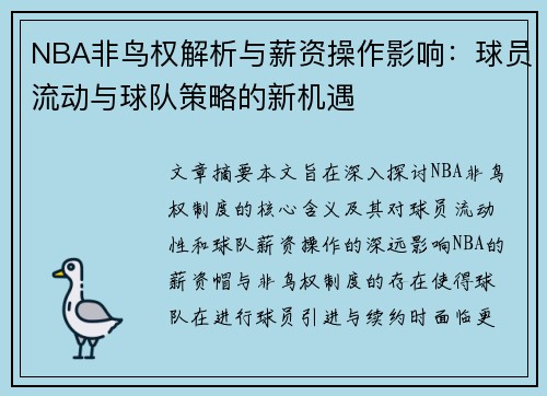 NBA非鸟权解析与薪资操作影响：球员流动与球队策略的新机遇